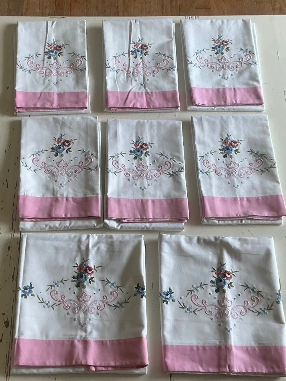 8 Vintage 100% Cotton White Floral Embroidered pillowcases